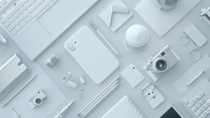 Poster - Office tools Digital technology Innovative implementation in business Internet applications Wireless function Tablet phone and camera Developing applications on the Internet Flat lay p : Generative AI