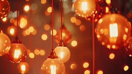 Poster - Classic sphere lighting bulbs are glowing in orange warming shade there are hanging from ceiling in dark environment Interior cozy style decoration Closeup and selective focus : Generative AI