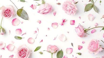 Poster - frame with pink roses branches leaves and petals isolated on white background flat lay overhead view : Generative AI