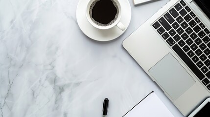 Poster - Modern white office desk table with laptop computer smartphone with black screen over a notebook and cup of coffee Top view with copy space flat lay : Generative AI