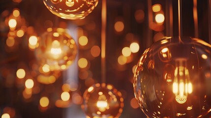 Classic sphere lighting bulbs are glowing in orange warming shade there are hanging from ceiling in dark environment Interior cozy style decoration Closeup and selective focus : Generative AI