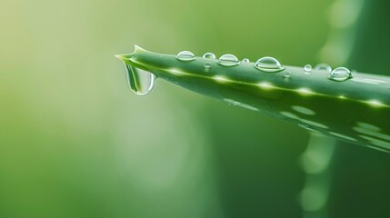 Poster - Aloe vera juice drop close up Aloe vera leaf with aloe gel over green background with copy space : Generative AI