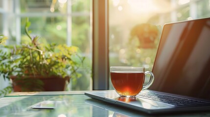 Aufkleber - Home office concept Designated work from home area near the window Modern laptop with blurred screen and glass cup of tea on table Close up copy space interior background : Generative AI