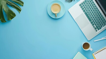 Poster - Minimal work space  Creative flat lay photo of workspace desk Top view office desk with laptop notebooks and coffee cup on blue color background Top view with copy space flat lay photo : Generative AI
