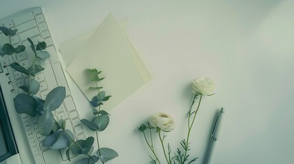 Aufkleber - Eucalyptus and ranunculus flower laptop keyboard pen grey copybook with paper mockup on white table top view Plants in home office Feminine floral desktop : Generative AI