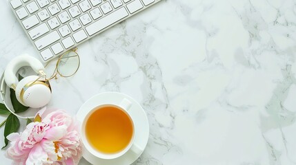 Aufkleber - Female home office workspace with modern keyboard glasses headphones cup of tea and peony flowers on white marble background Top view Flat lay : Generative AI