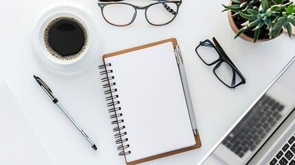 Aufkleber - workspace with notebook keyboard photo camera open notebook sketchbook and coffee on white background Flat lay top view office table desk : Generative AI
