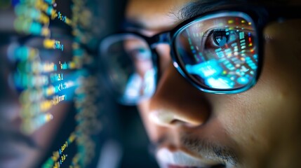 Closeup Portrait of Software Engineer Working on Computer Line of Code Reflecting in Glasses Developer Working on Innovative eCommerce Application using Machine Learning AI Algorithm B : Generative AI