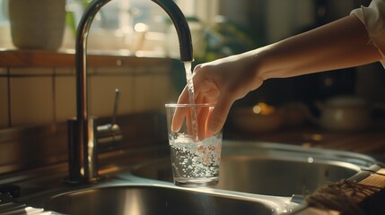 Aufkleber - Womans hand holding a glass pours water from a faucet in the kitchen Top view flat lay : Generative AI