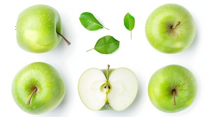 Poster - Flat lay of Fresh green Apple fruit with cut in half and slice isolated on white background : Generative AI