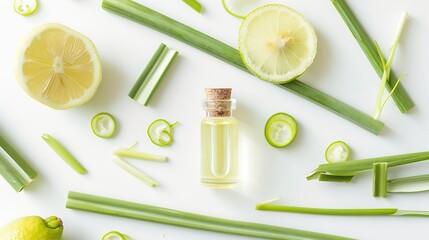 Poster - Lemongrass essential oil with lemon grass slice isolated on white background Top view Flat lay : Generative AI