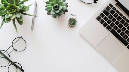 Aufkleber - Flat lay top view office table desk frame feminine desk workspace with laptop diary succulent glasses watch on white background : Generative AI