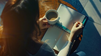 Aufkleber - Woman background Notebook with coffee Flat lay : Generative AI
