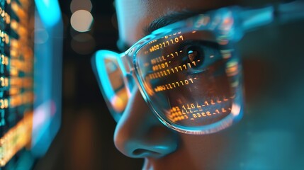Poster - Closeup Portrait of Software Engineer Working on Computer Line of Code Reflecting in Glasses Developer Working on Innovative eCommerce Application using Machine Learning AI Algorithm B : Generative AI
