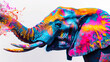 A colorful elephant with a spray paint splatter on its trunk. The elephant is painted in a rainbow of colors. painting gives off a fun vibe. elephant head whit color splash in a solid white background