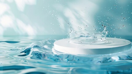Aufkleber - Empty white circle podium on transparent clear calm blue water texture with splashes and waves in sunlight Abstract nature background for product presentation Flat lay cosmetic mockup  : Generative AI
