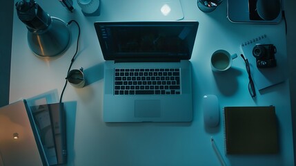 Poster - Designer office desk table with laptop with IT gadgets cup of coffee and supplies Top view with copy space flat lay : Generative AI
