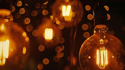 Poster - ceiling lighting bulbs are glowing in orange warming shade in dark environment Interior cozy style decoration Closeup and selective focus : Generative AI