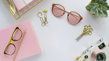 Poster - feminine desk workspace with succulent retro camera scissors diary glasses and golden clips on white background flat lay top view : Generative AI