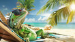 A lizard is laying on a beach chair with sunglasses on its head. The scene is bright and sunny, and the lizard appears to be enjoying the warm weather. a lizard relaxing on the beach during vacation.