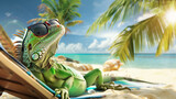 Fototapeta  - A lizard is laying on a beach chair with sunglasses on its head. The scene is bright and sunny, and the lizard appears to be enjoying the warm weather. a lizard relaxing on the beach during vacation.