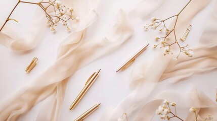 Aufkleber - feminine home office workspace mockup with branches golden pen clips and beige ribbon flat lay top view : Generative AI