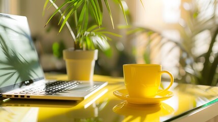 Aufkleber - Close up of yellow cup of coffee laptop with mock up screen and green potted plant on glass designer table Blogger freelancer workplace : Generative AI
