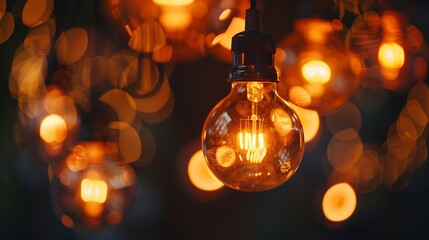 Aufkleber - Classic sphere lighting bulbs are glowing in orange warming shade there are hanging from ceiling in dark environment Interior cozy style decoration Closeup and selective focus : Generative AI