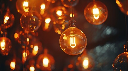 Aufkleber - Classic sphere lighting bulbs are glowing in orange warming shade there are hanging from ceiling in dark environment Interior cozy style decoration Closeup and selective focus : Generative AI