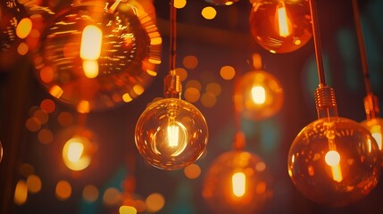 Aufkleber - Classic sphere lighting bulbs are glowing in orange warming shade there are hanging from ceiling in dark environment Interior cozy style decoration Closeup and selective focus : Generative AI