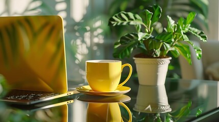 Aufkleber - Close up of yellow cup of coffee laptop with mock up screen and green potted plant on glass designer table Blogger freelancer workplace : Generative AI