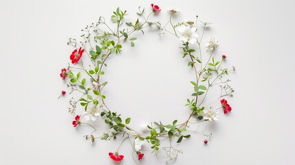 Poster - Frame wreath with red and white wildflowers green leaves branches on white background Flat lay top view Flower background : Generative AI