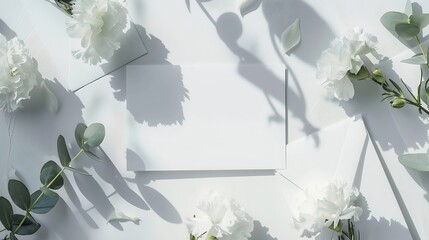 Aufkleber - Feminine  wedding birthday stationery composition Blank greeting card invitation mockup with craft envelope White carnation flowers and eucalyptus branches isolated on table background : Generative AI
