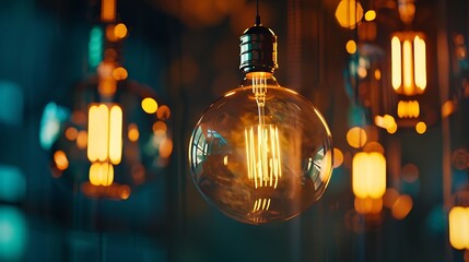 Aufkleber - Classic sphere lighting bulbs are glowing in orange warming shade there are hanging from ceiling in dark environment Interior cozy style decoration Closeup and selective focus : Generative AI