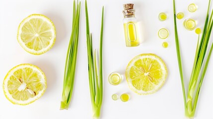 Poster - Lemongrass essential oil with lemon grass slice isolated on white background Top view Flat lay : Generative AI