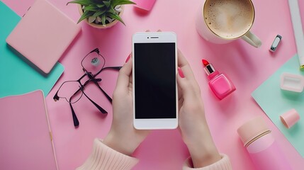 Aufkleber - Feminine workspace with smartphone in female hands latte ice notebook spectacles nail polish and lipstick Flat lay top view : Generative AI