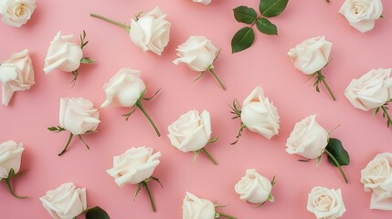Aufkleber - Pattern white white roses on pastel pink background Flat lay top view : Generative AI