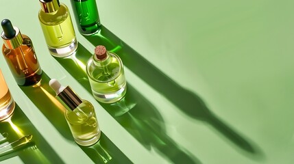 Poster - Different glass bottles with serum or oil and cosmetic skin care cream on green background Trending shadow Cosmetic mockup Top view with copy space Flat lay : Generative AI