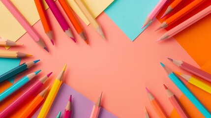 Poster - Flat lay photo of office desk with colorful pencil and paper clipcopy space top view : Generative AI
