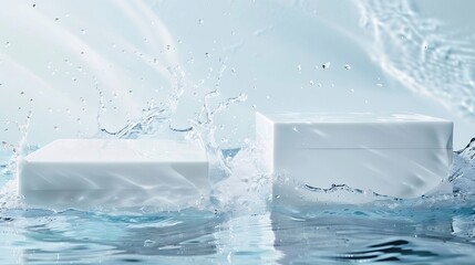 Poster - Two empty clear white square podiums on transparent calm water texture with splashes and waves in sunlight Abstract nature background for product presentation Flat lay cosmetic mockup  : Generative AI