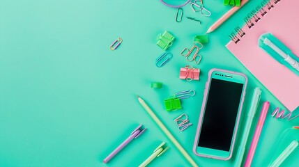 Poster - Back to school concept Top view photo of school supplies smartphone on notepad pens binder clips and adhesive tape on isolated pastel green background with copyspace : Generative AI