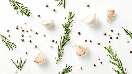 Poster - garlic with rosemary and peppercorn isolated on white background Top view Flat lay pattern : Generative AI