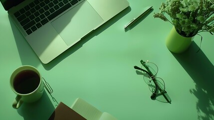 Poster - Desk office with laptop blank notebook flower glasses coffee cup and pen on green table Flat lay top view copy space Home office : Generative AI