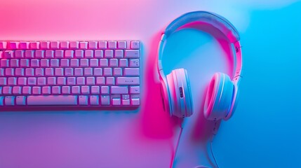 Aufkleber - Smartphone headphones and computer keyboard on pink and blue background Technology : Generative AI