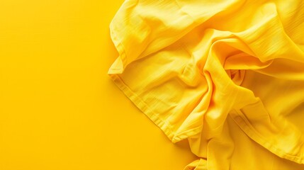 Poster - top view with yellow empty kitchen napkin isolated on table background Folded cloth for mockup with copy space Flat lay Minimal style : Generative AI
