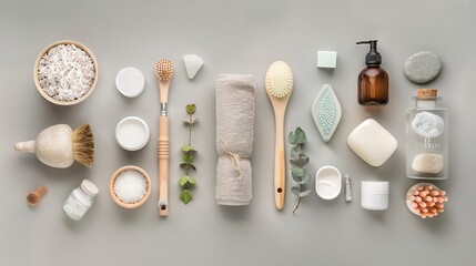 Poster - Various spa related objects on gray background top view Body and skin care flat lay with copy space Beauty care concept : Generative AI