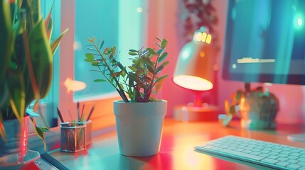 Aufkleber - Simple Trendy Office Desk with keyboard eco craft office elements and potted flower Home Office Desktop : Generative AI