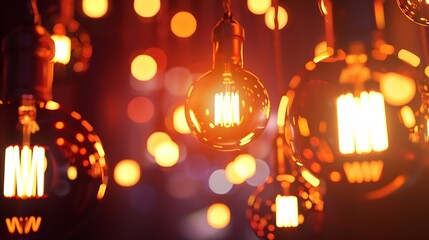 Poster - ceiling lighting bulbs are glowing in orange warming shade in dark environment Interior cozy style decoration Closeup and selective focus : Generative AI