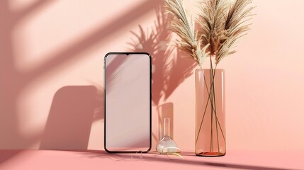 Aufkleber - Empty mobile phone screen mockup glasses vase and meadow grass on a light pink and terracotta background with abstract sunlight shadow and crystal reflections minimal business brand te : Generative AI