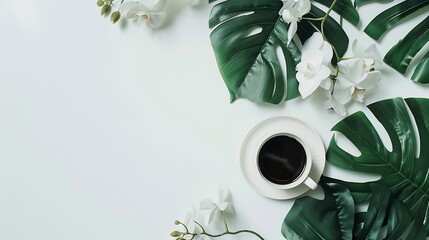 Aufkleber - Flat lay blogger workspace mockup with tropical leaves  coffee and accessories on white background Copy space : Generative AI